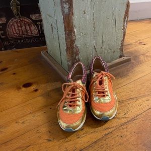 CHANEL Orange Gold Multicolor Tweed Sneakers Sz 35